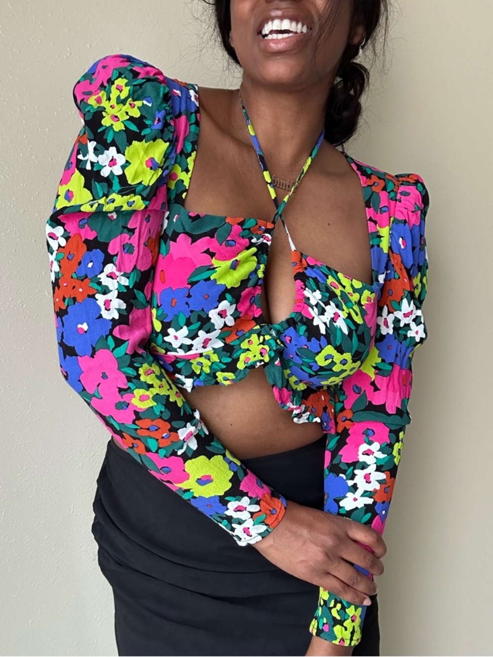 AFRM Valeria Floral Cropped Keyhole Top Size Medium